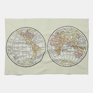 Vintage 1916 Weltkarte Globus Hemisphären Poster Geschirrtuch