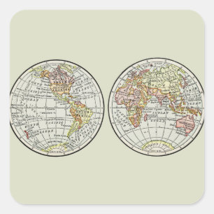 Vintage 1916 Weltkarte Globus Hemisphären Poster Quadratischer Aufkleber
