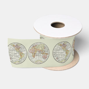 Vintage 1916 Weltkarte Globus Hemisphären Poster Satinband