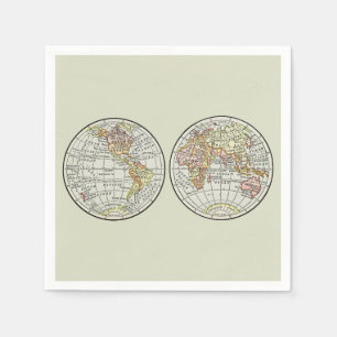 Vintage 1916 Weltkarte Globus Hemisphären Poster Serviette