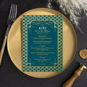 Vintage 1920er Art Deco Gatsby Hochzeitsmenü Folieneinladung
