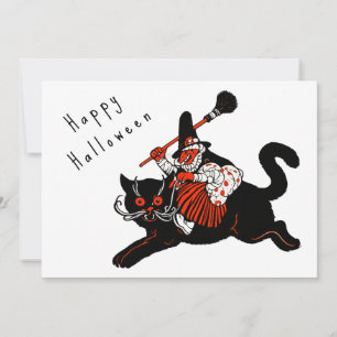 Vintage 1920er Jahre Art Deco Hexe schwarze Katze Feiertagskarte