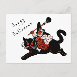 Vintage 1920er Jahre Art Deco Hexe schwarze Katze Postkarte