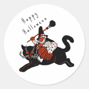 Vintage 1920er Jahre Art Deco Hexe schwarze Katze Runder Aufkleber