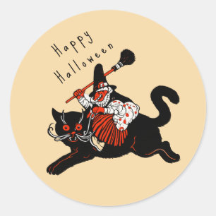 Vintage 1920er Jahre Art Deco Hexe schwarze Katze Runder Aufkleber