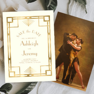 Vintage 1920er Jahre Deco Elfenbein Gold Foto Hoch Save The Date