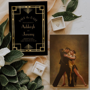 Vintage 1920er Jahre Deco Schwarz Gold Foto Hochze Save The Date