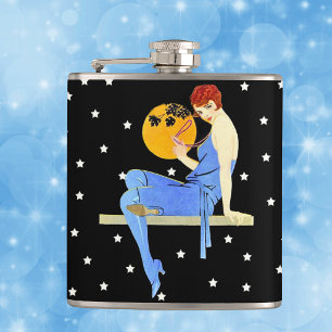 Vintage 1920er-Jahre Flapper Lady Moon Stars Rotes Flachmann
