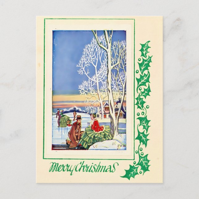 Vintage 1920s Ice Skating & Snow Winter Holiday Postkarte (Vorderseite)