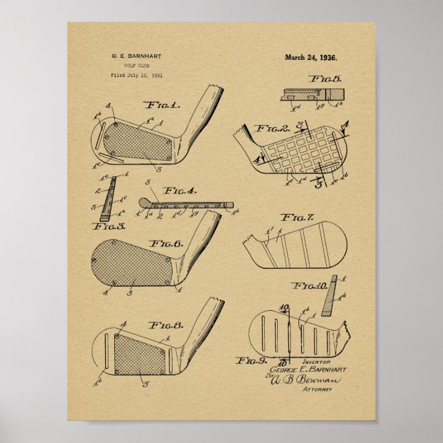 Vintage 1936 Golfschläger Design Patent Kunstprint Poster (Vorne)