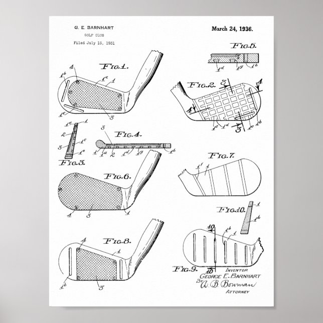 Vintage 1936 Golfschläger Design Patent Kunstprint Poster (Vorne)