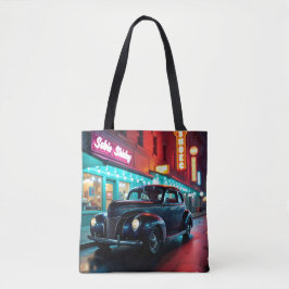 Vintage 1940s Classic Car Under Neon Lights 