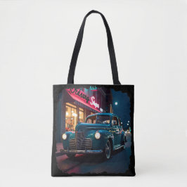 Vintage 1940s Classic Car Under Neon Lights 