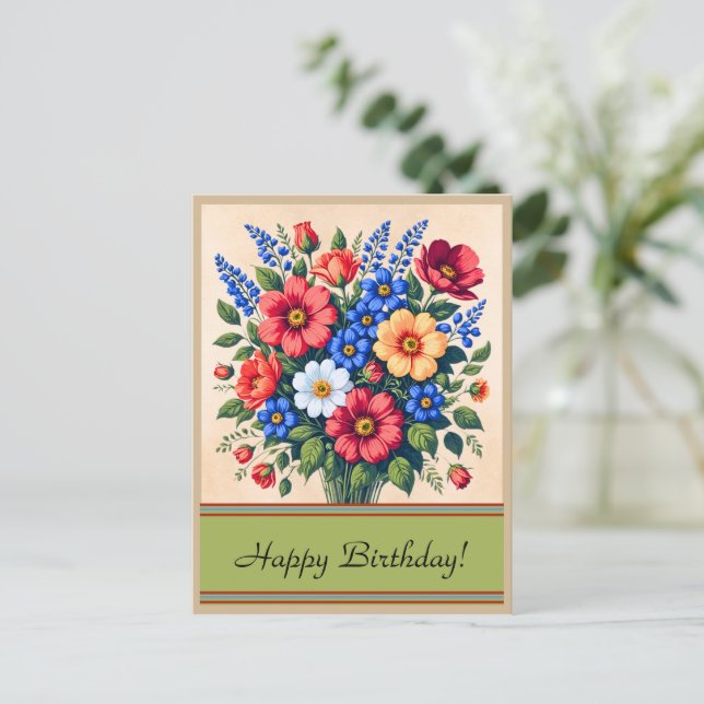 Vintage 1940s Flower Bouquet | Birthday Postcard Postkarte (Stehend Vorderseite)