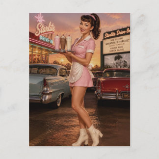 Vintage 1950er Jahre Pin-Up Carhop-Diner-Kellnerin Postkarte