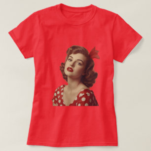 Vintage 1950er Jahre Pin-Up Girl Rot gepunktetes T T-Shirt