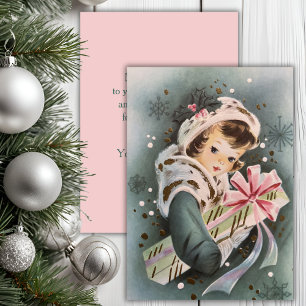 Vintage 1950er Jahre Rosa Weihnachtsmädchen Benutz Feiertagskarte