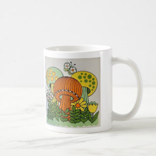 Vintage 1970er Jahre farbenfrohe Pilze & Schmetter Kaffeetasse