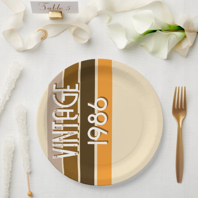 Vintage 1986 Retro Stripes Brown Tan Vintage  Pappteller (Hochzeit)