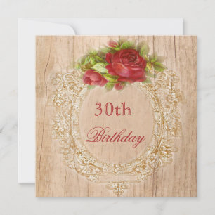 Vintage 30. Geburtstag Roter Rose Holzrahmen Einladung