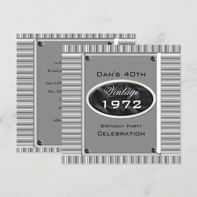 Vintage 40. Silver Look Image Birthday Party Einladung (Vorne/Hinten)
