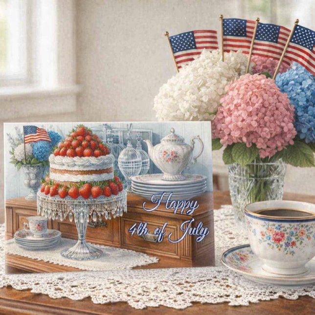 Vintage 4th of July Strawberry Cake Postcard Postkarte (Elegant Vintage 4th of July Card with Hydrangeas and Flags)