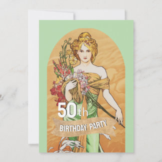Vintage 50. Geburtstagsparty, Mucha, Frühlingsgött Einladung