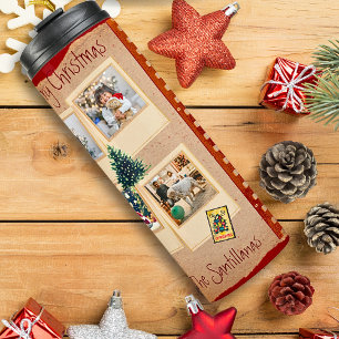 Vintage 8-Foto-Vorlage Rot Beige Weihnachten Thermosbecher