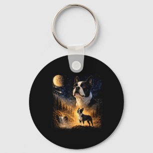 Vintage 90er Boston Terrier heult den Mond an Schlüsselanhänger