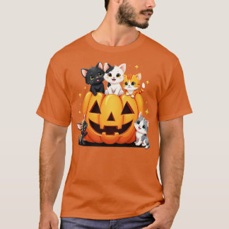 Vintage 90er Katzen-Kürbis-Halloween Retro-Blumen T-Shirt