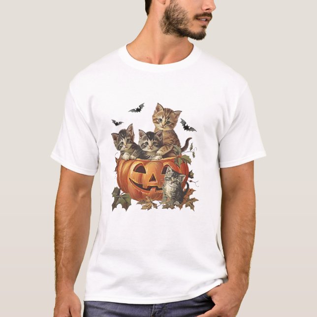 Vintage 90s Cat Halloween Pumpkin T-Shirt (Vorderseite)