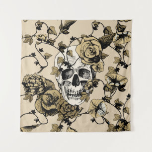 Vintage Abbildung eines Schädels, umgeben und bede Wandteppich