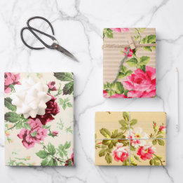 Vintage Abbildungen von Rose auf neutraler Basis Geschenkpapier Set