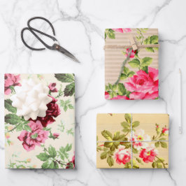 Vintage Abbildungen von Rose auf neutraler Basis Geschenkpapier Set