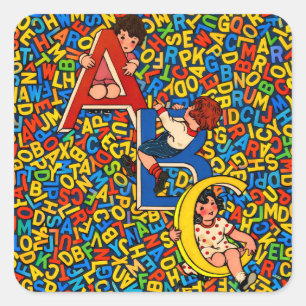 Vintage-ABC-Kinderalphabet-Illustration Quadratischer Aufkleber