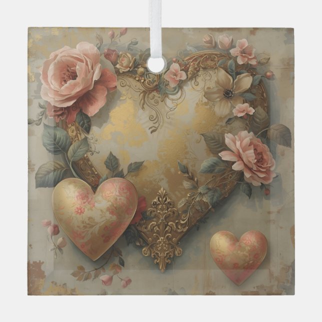 Vintage Abstract Hearts - Glass Ornament (Vorderseite)