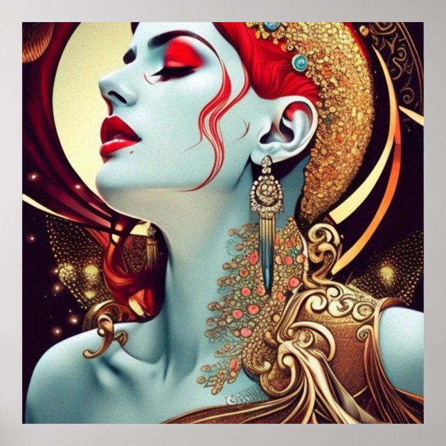 Vintage abstrakte aquamarine Goldweibchen Poster (Vorne)