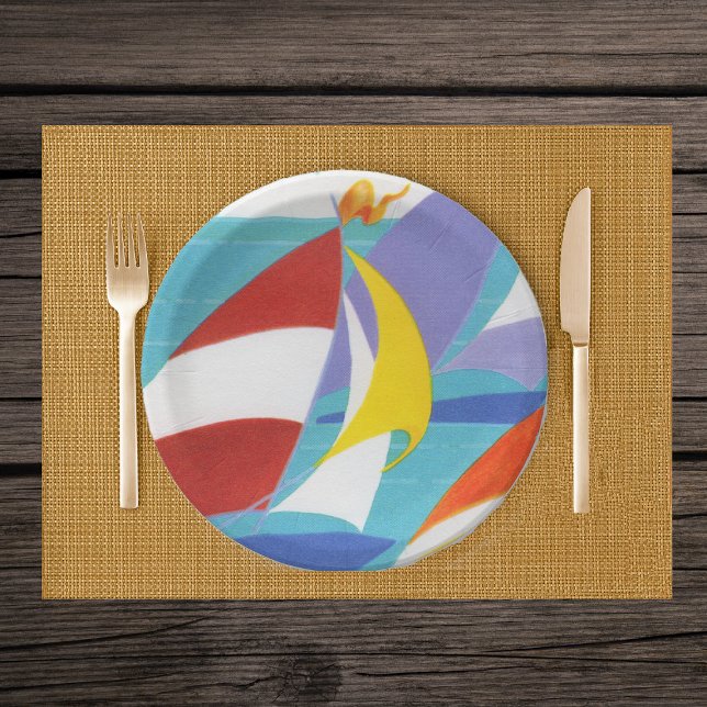 Vintage Abstrakte Segelboote im Wasser Pappteller (Abstract colourful sailboats in blue lake on paper party plates.)