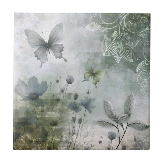 Vintage abstraktes Schmetterlinge Blumen Design 40 Fliese (Vorderseite)
