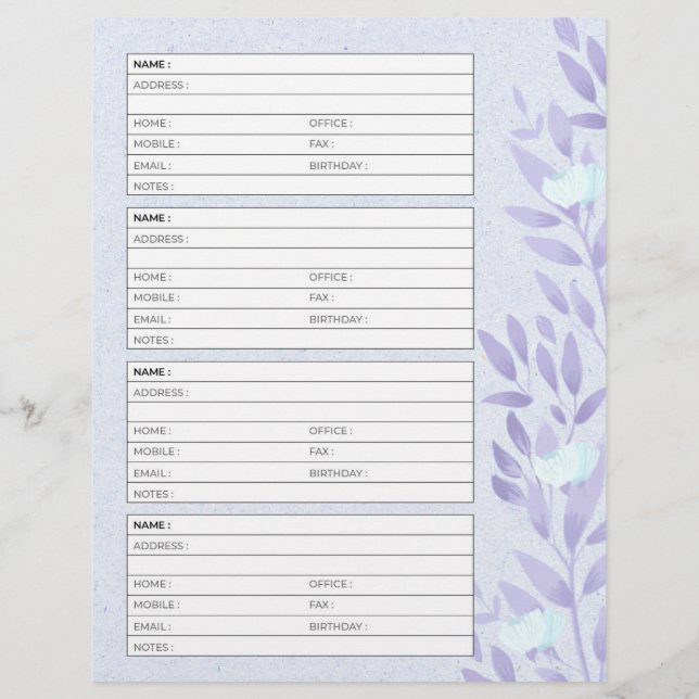 Vintage Adressbuchseite (Rückseite)