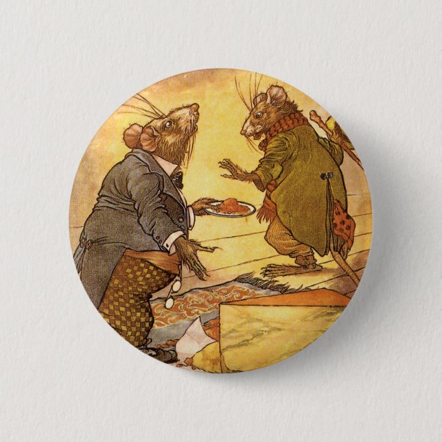 Vintage Aesop's Fabel, Country Mouse, City Mouse Button (Vorderseite)