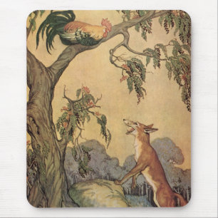 Vintage Aesop's Fables, Fox, Rooster und der Hund Mousepad