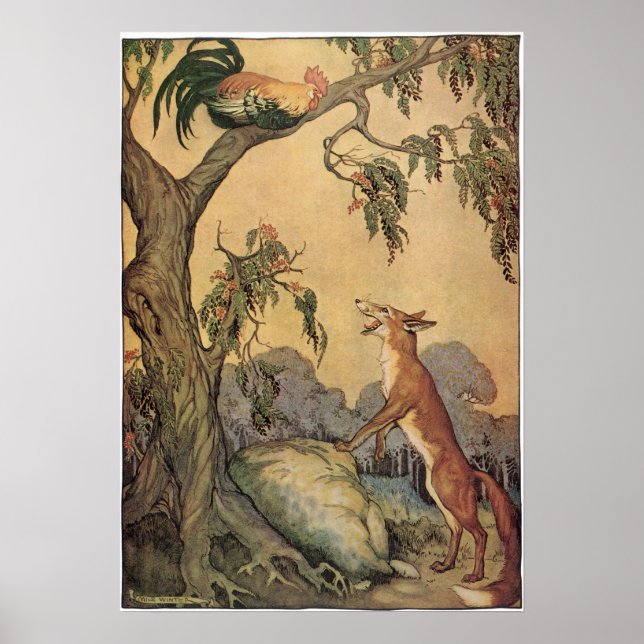 Vintage Aesop's Fables, Fox, Rooster und der Hund Poster (Vorne)