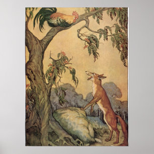 Vintage Aesop's Fables, Fox, Rooster und der Hund Poster