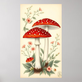 Vintage agrarrote und weiße Pilze, floral Poster