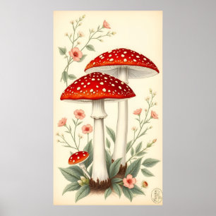 Vintage agrarrote und weiße Pilze, floral Poster