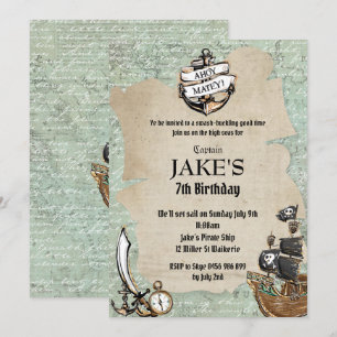 Vintage Ahoy Matey Pirate Geburtstagspartei - Welt Einladung