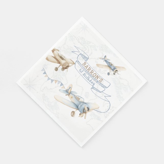 Vintage Airplane Aviator Pilot 1st Birthday Serviette (Ecke)