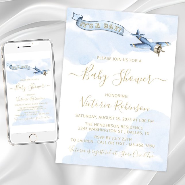Vintage Airplane Boy Blue Gold Baby Dusche Einladung (Boy airplane baby shower invitation. Instant download and printed invitations available.)