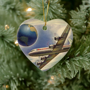 Vintage Airplane Flying Around the World in Clouds Keramikornament